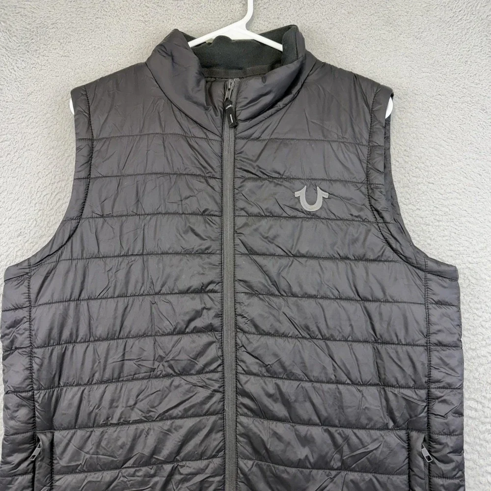 True Religion Vest Mens Small Black Quilted Insulated Full Zip Puffer Logo